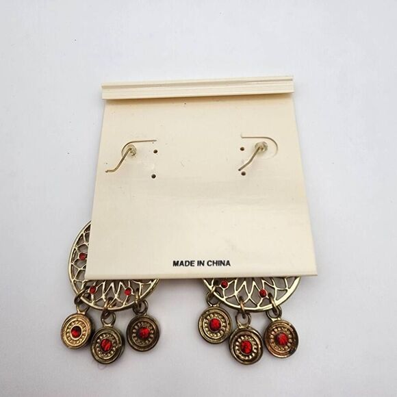 NWT Olivia Welles Gold Tone & Red Rhinestone Dangling Earrings - Picture 3 of 3